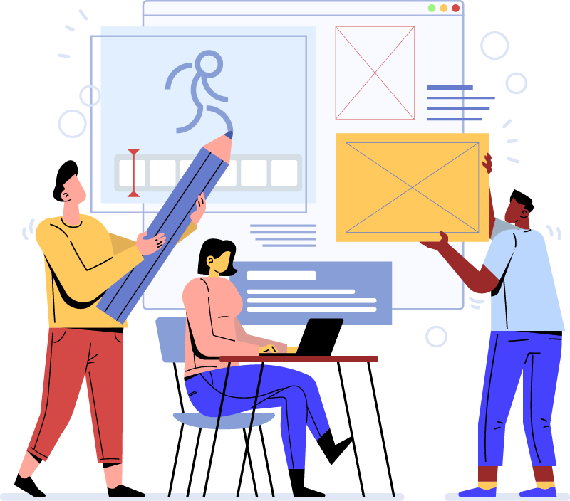 Three individuals collaborating on an animation project, with one person holding an oversized pencil to animate a stick figure, a woman working on her laptop, and another man holding up a rectangular object.