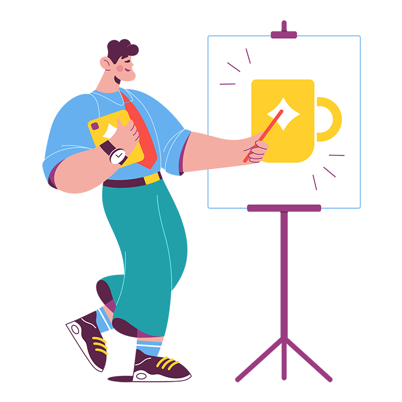 Man pointing at a flipchart with a clipboard in hand, displaying a mug featuring a logo, symbolizing branding concepts in an image video.