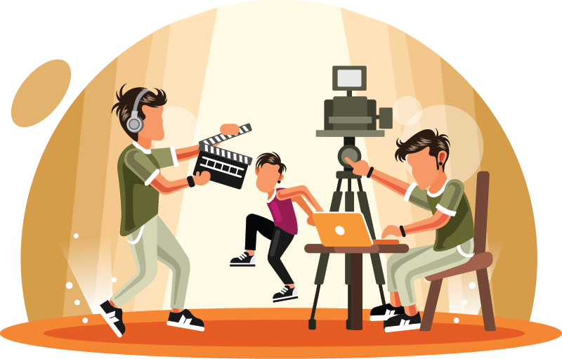 Three people on a film set, one holding a clapperboard, another operating a laptop and camera, and the third person dancing on stage, illustrating a dynamic music video production scene.