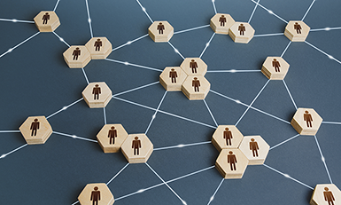 Graphic of interconnected wooden hexagons with a human silhouette, representing networking and human connections in a corporate or social setting.