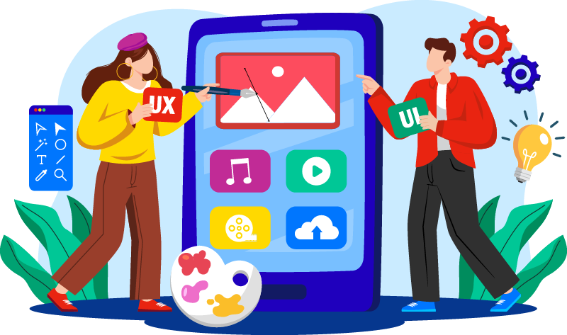 Two people holding up a sign that reads 'UX and UI', pointing towards a screen in the background displaying a neatly organized layout. Various design tools are also visible in the background, illustrating their design process.