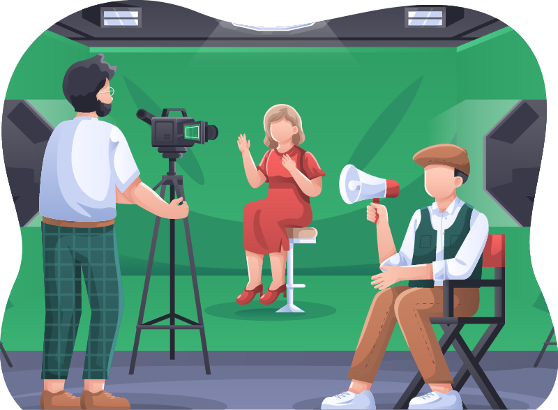 A graphic depicting three people in a green screen studio working on a film shoot. One person stands behind the camera, another sits in a director's chair holding a megaphone, and a woman sits on a bar stool in front of the green screen, ready to be filmed.