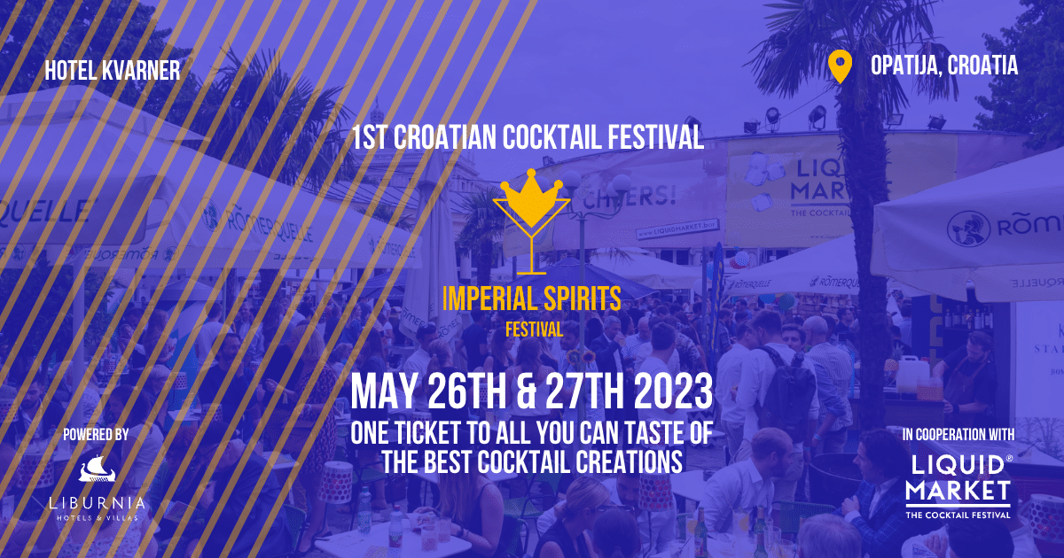 Plakat des Imperial Spirits Festivals, das am 26. und 27. Mai 2023 in Opatija, Kroatien, stattfand, mit Angabe von Datum und Ort der Veranstaltung.