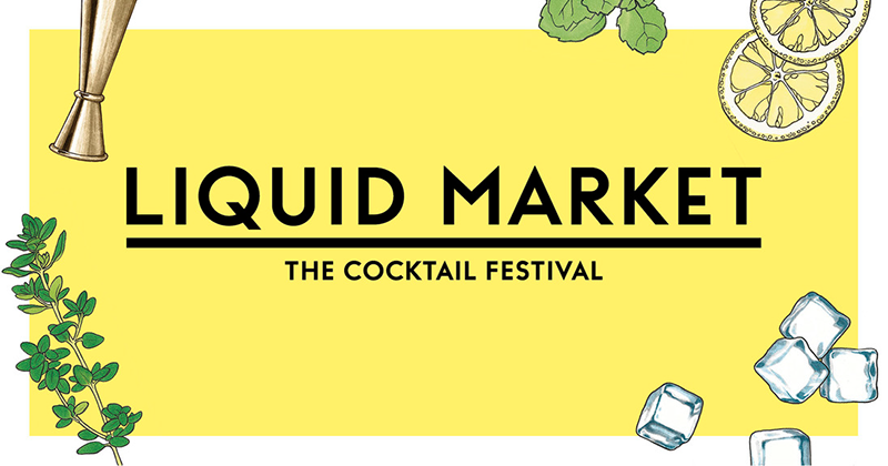Banner des Liquid Market Festivals, betitelt als 'The Cocktail Festival', mit seinem Logo und dem festlichen und einladenden Thema der Veranstaltung.