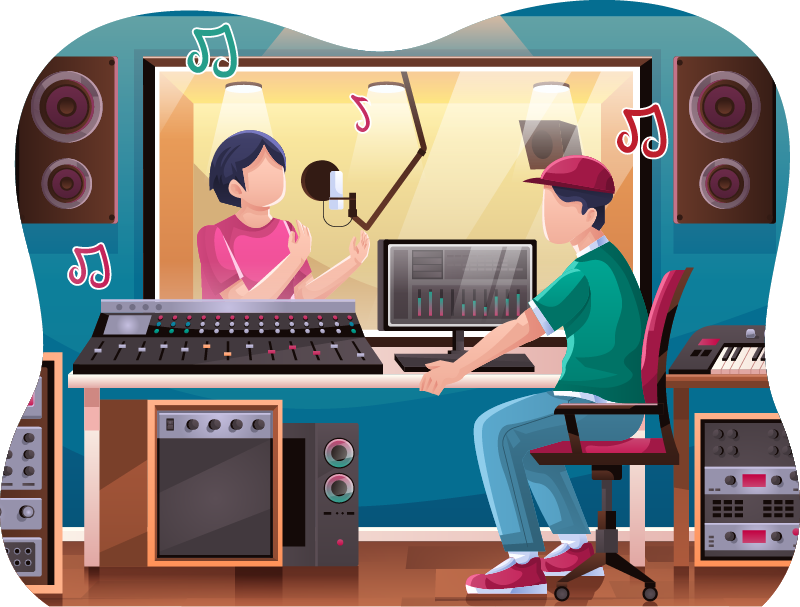 Zwei Personen in einem Tonstudio, eine singt in einer Gesangskabine, während die andere durch Kopfhörer hört und einen Computer und ein Mischpult bedient, mit sichtbaren Lautsprechern im Setup.