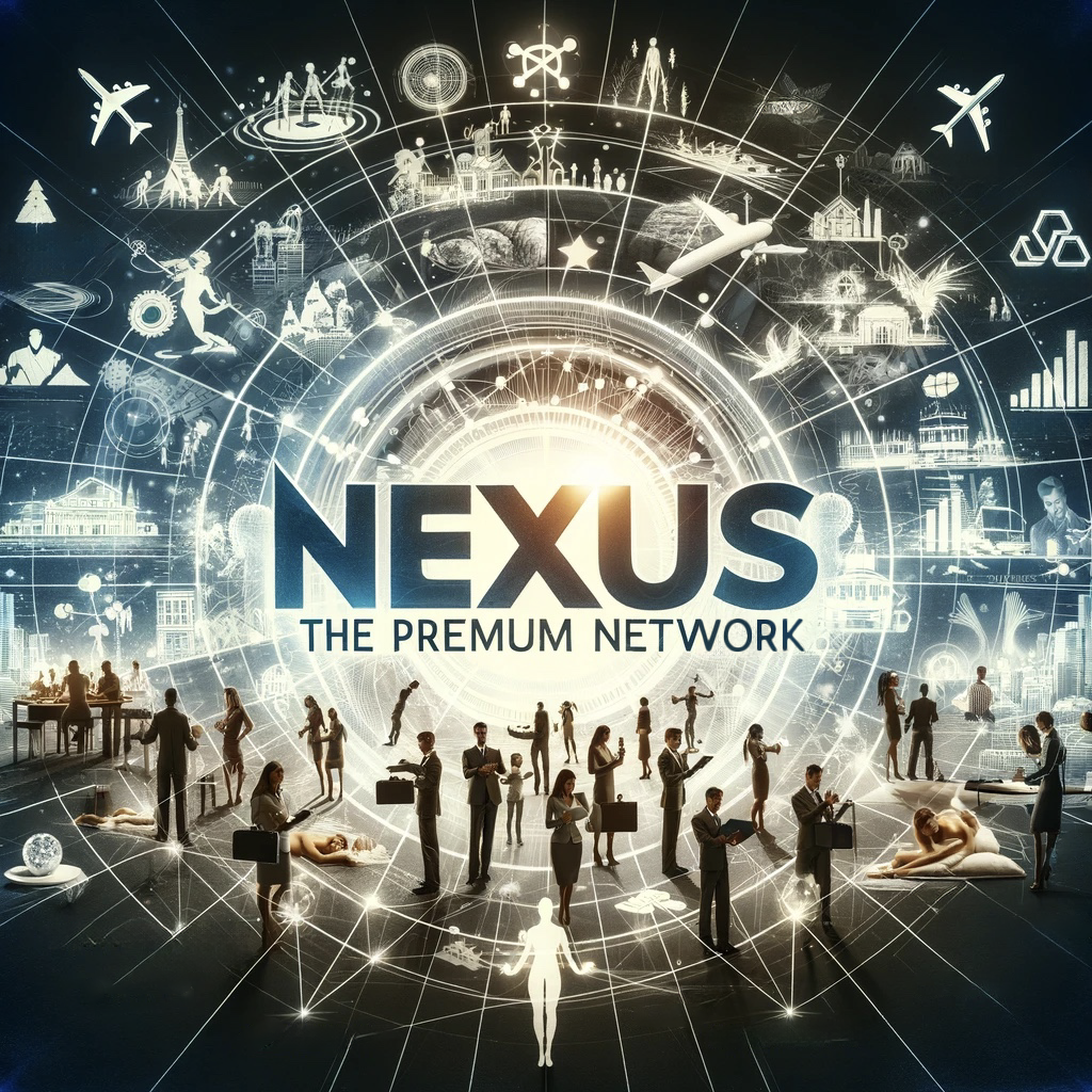 Grafik, die Nexus Corporation - The Premium Network darstellt, mit Symbolen, die die vielfältigen Dienstleistungen des Unternehmens und seiner Netzwerkpartner repräsentieren, und die umfassenden Lösungen hervorheben, die durch das Netzwerk verfügbar sind.