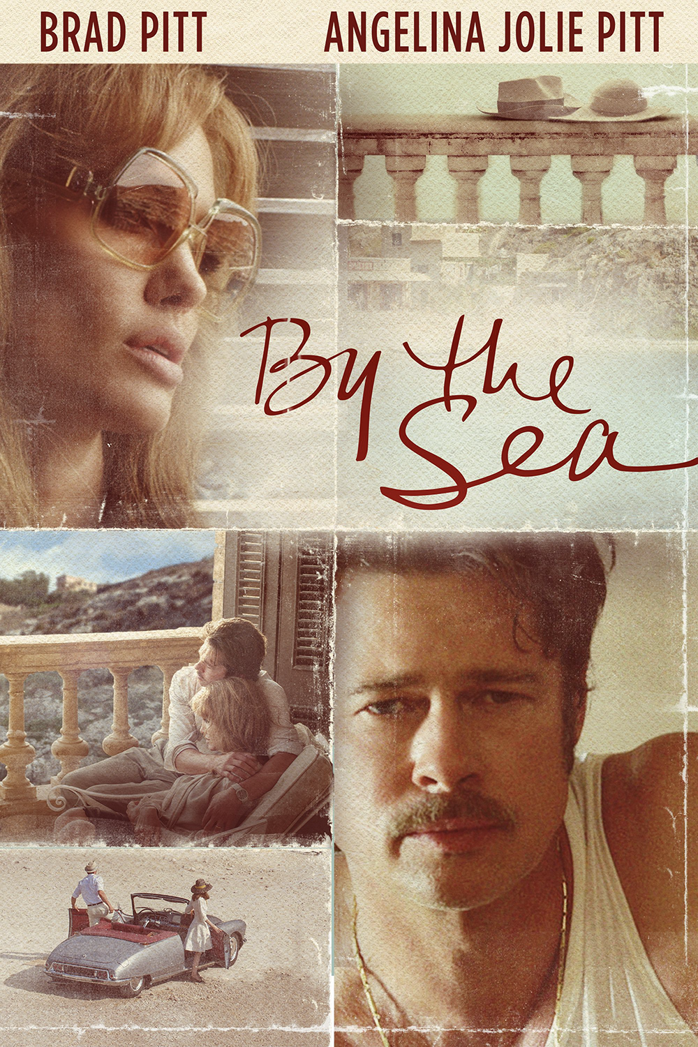 Filmplakat von 'By the Sea' mit Angelina Jolie und Brad Pitt, das das romantische und dramatische Handlungsthema des Films einfängt.